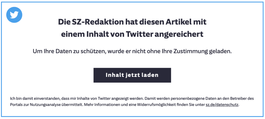 Die SZ-Redaktion hat diesen Artikel mit einem Inhalt von Twitter angereichert. Um Ihre Daten zu schützen, wurde er nicht ohne Ihre Zustimmung geladen.